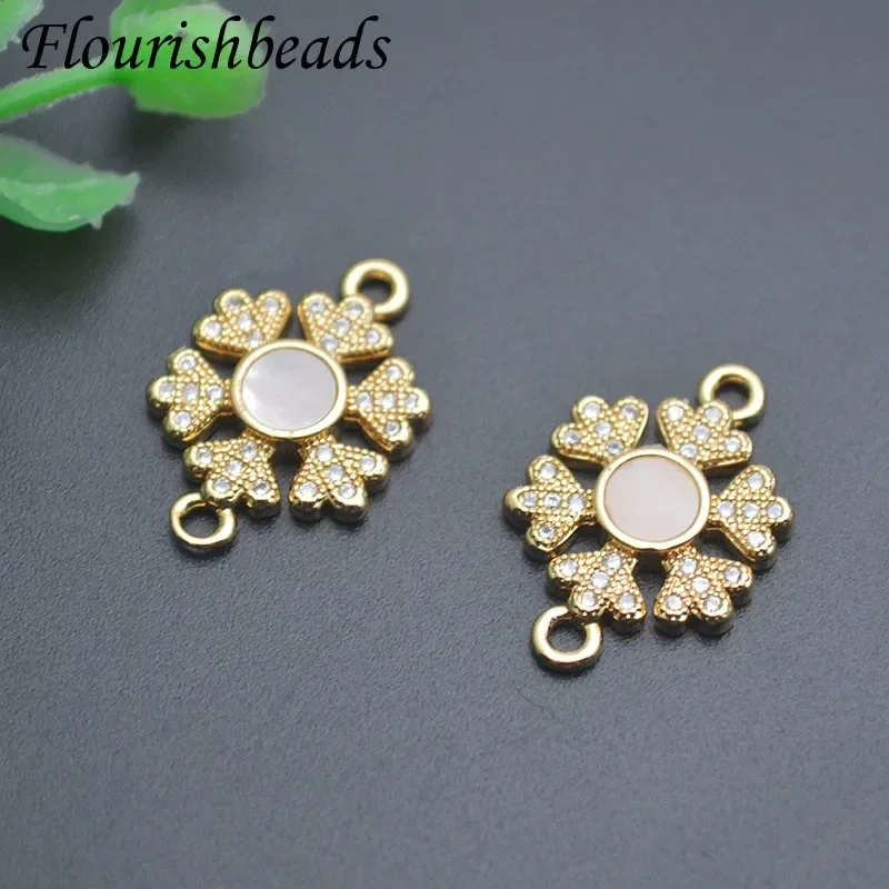 15x20mm Real Gold Plated Mother of Pearl Paved CZ Beads Two Loops Connector Clasp Accessories for DIY Jewelry Necklace