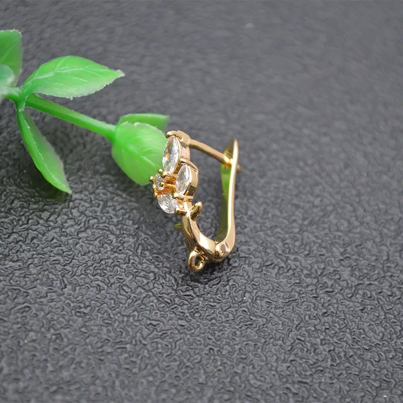 Nickel Free Gold Plating  Paved CZ Beads Leaf Shape Earring Hooks for DIY Jewelry Making 30pcs/lot