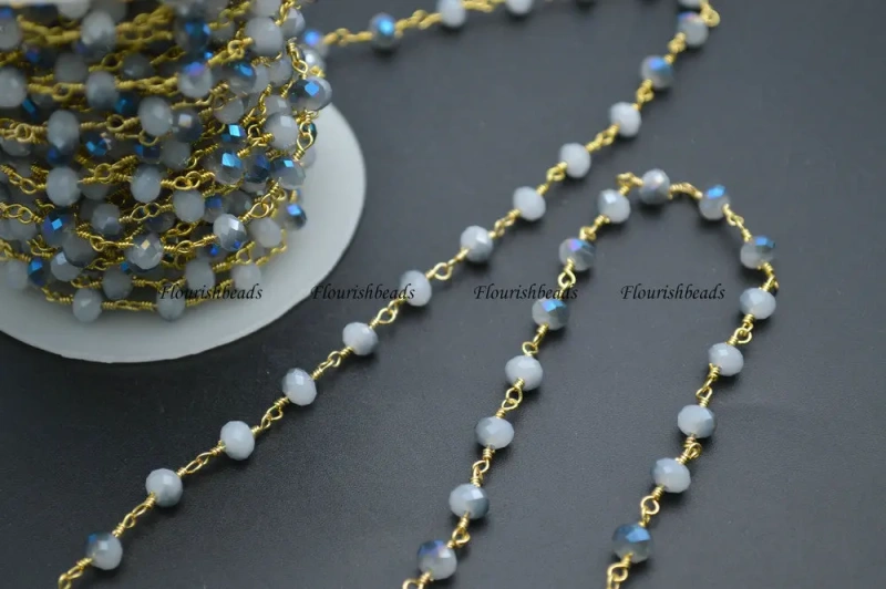 10 Meters Anti-Rust Gold Color Wire Linked 2X4mm / 4x6mm Faceted Opacity Shiny Blue Color Glass Rondelle Beads Chains