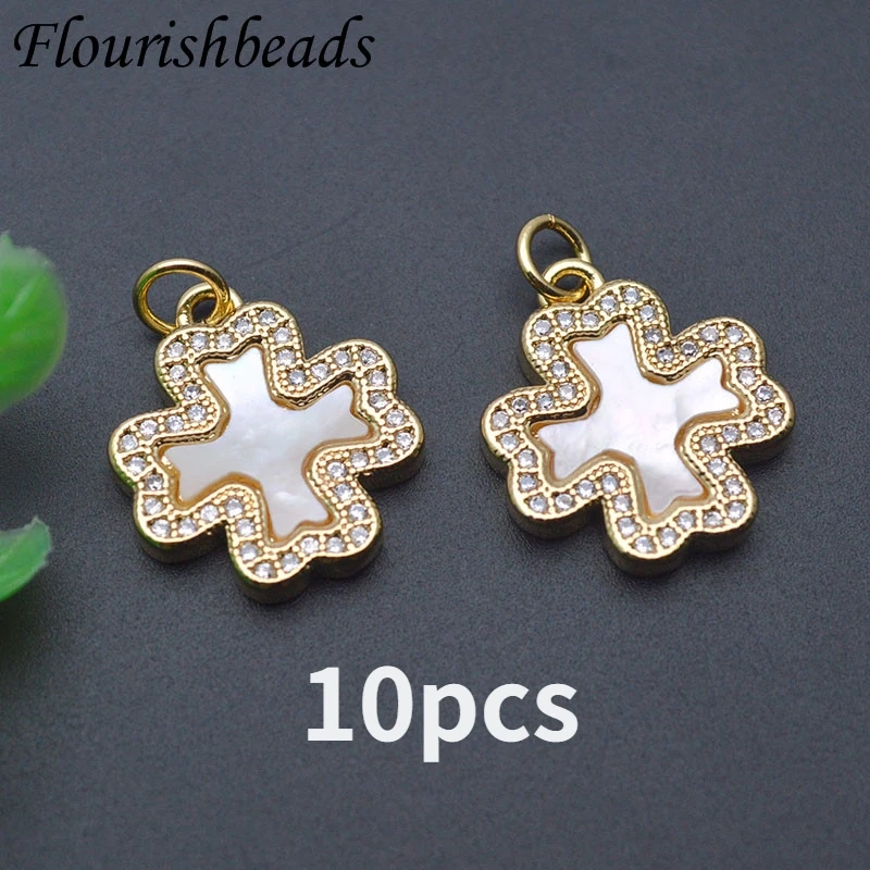 18K Real Gold Plated Paved CZ Beads Flower Shape Pendant Natural MOP Charms for DIY Jewelry Making Necklace 10-20pcs/lot