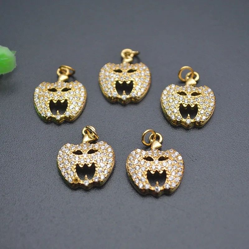 Real Gold Plated Paved CZ Beads Halloween Pumpkin Charms Creative Jewelry Findings for DIY Bracelet Earrings 20pcs/lot