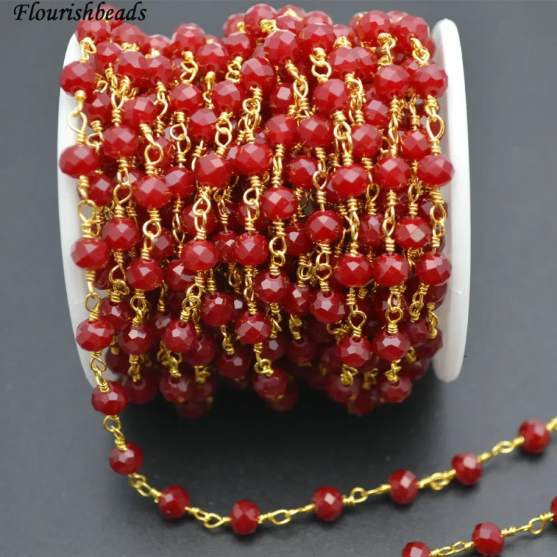10 Meters Anti-Rust Gold Color Wire Linked 2X4mm / 4x6mm Faceted Blood Red Color Glass Rondelle Beads Chains