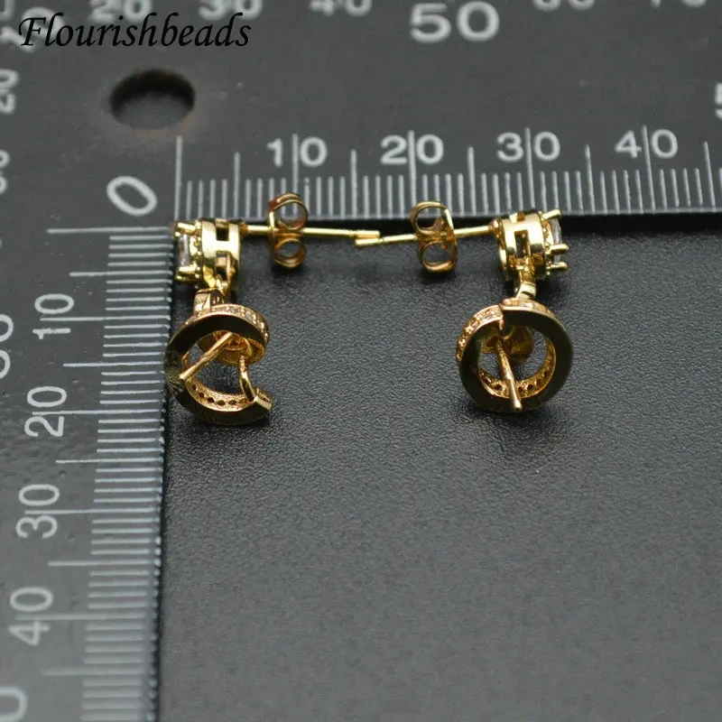 Wholesale Spiral Pin Style Fit Half Hole Beads Gold color Dange Earring Stud Hooks Findings Micro CZ Paved Jewelry Findings