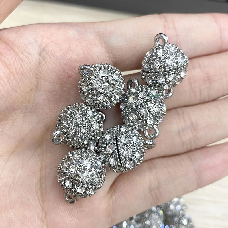 Rhodium Color Magnetic Round Necklace Spotted Clasps Crystals Beads Paved Jewelry Findings 100pc Per Lot