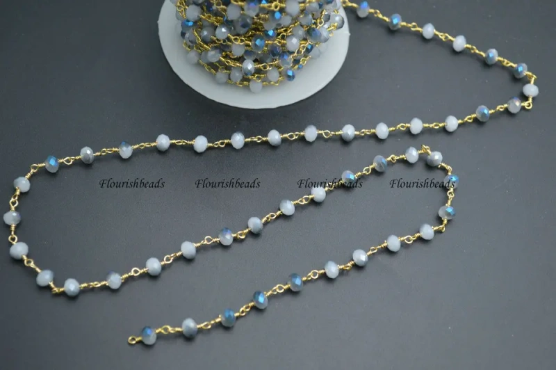 10 Meters Anti-Rust Gold Color Wire Linked 2X4mm / 4x6mm Faceted Opacity Shiny Blue Color Glass Rondelle Beads Chains