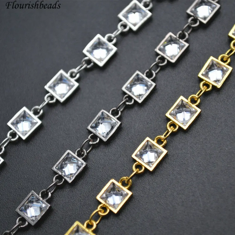 10 Meters Clear Zircon 6mm Square Shape Anti-rust Wire Linked Necklace Chains Jewelry (Gold / Rhodium / Gun Metal color)
