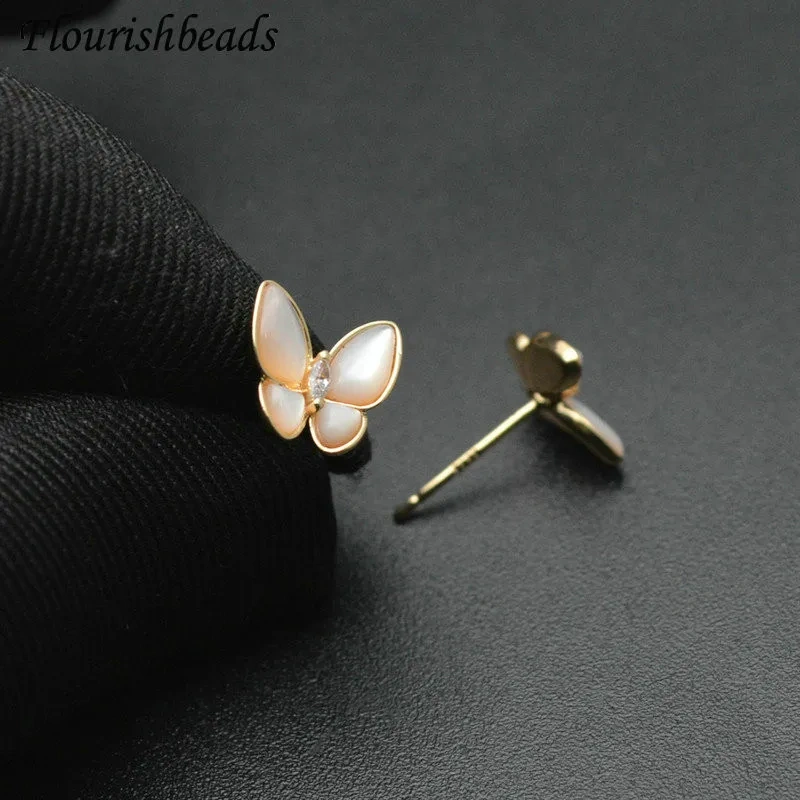 New Design Natural Shell Butterfly Shape Metal Ear Stud Brass Jewelry Findings Gold Color Earrings Craft Making Components 20pcs