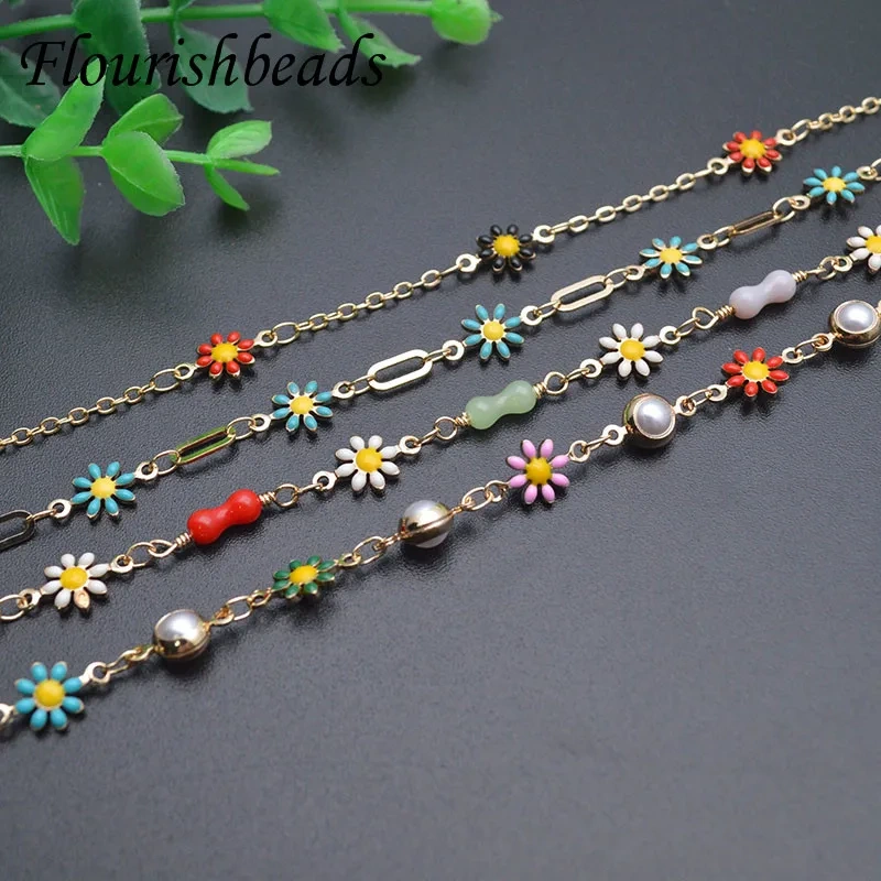 3 Meter Quality Brass Gold Plating Daisy Charm Chain Enamel Flower Beads Chains for DIY Earring Necklace Jewelry Making