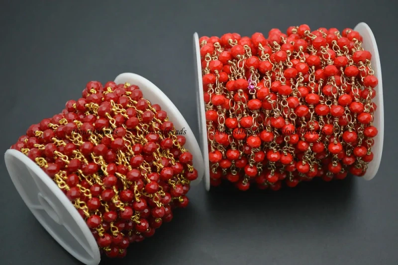 10 Meters Anti-Rust Gold Color Wire Linked 2X4mm / 4x6mm Faceted Blood Red Color Glass Rondelle Beads Chains