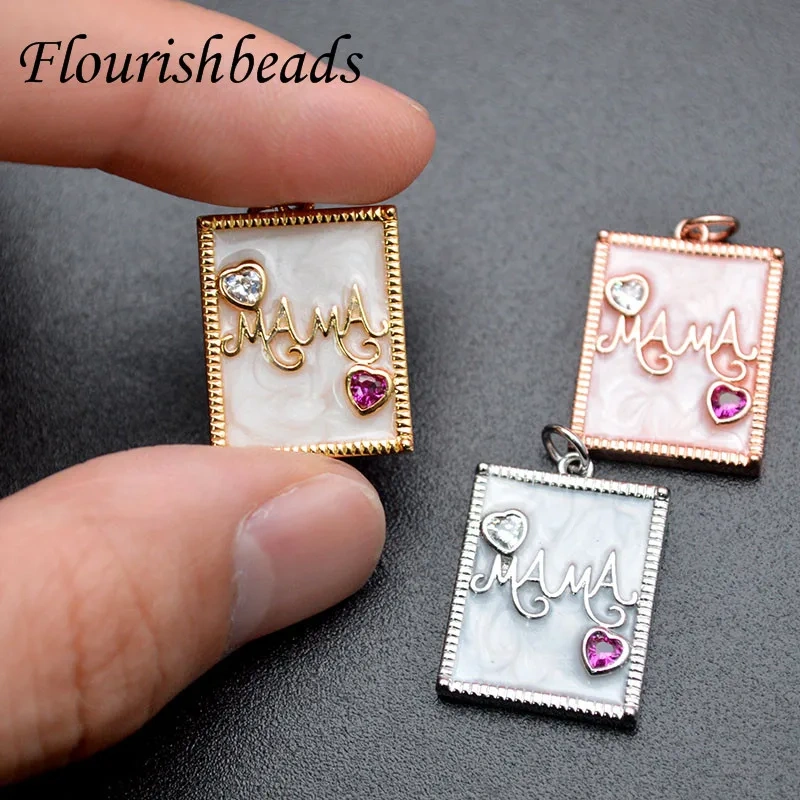 High Quality Metal Copper Square Charms Zircon Paved MAMA Letter Big Pendant for Mother's Day Birthday Gift