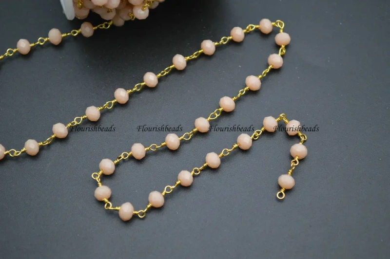 10 Meters Anti-Rust Gold Color Wire Linked 2X4mm / 4x6mm Faceted Beige Color Glass Rondelle Beads Chains