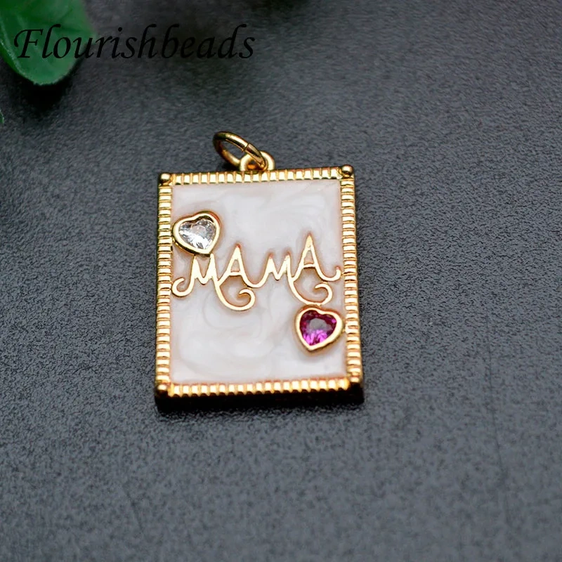 High Quality Metal Copper Square Charms Zircon Paved MAMA Letter Big Pendant for Mother's Day Birthday Gift
