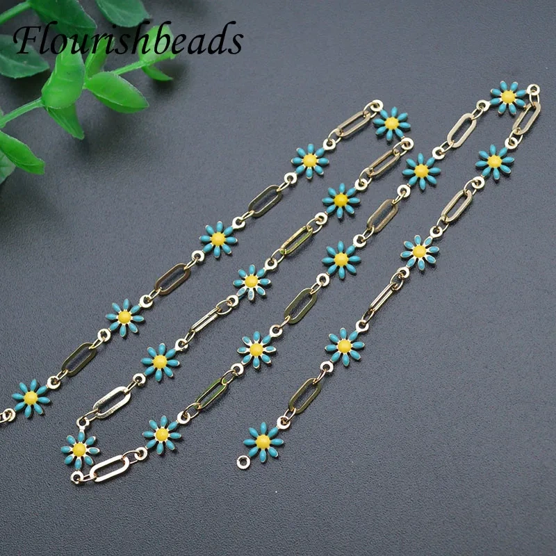 3 Meter Quality Brass Gold Plating Daisy Charm Chain Enamel Flower Beads Chains for DIY Earring Necklace Jewelry Making