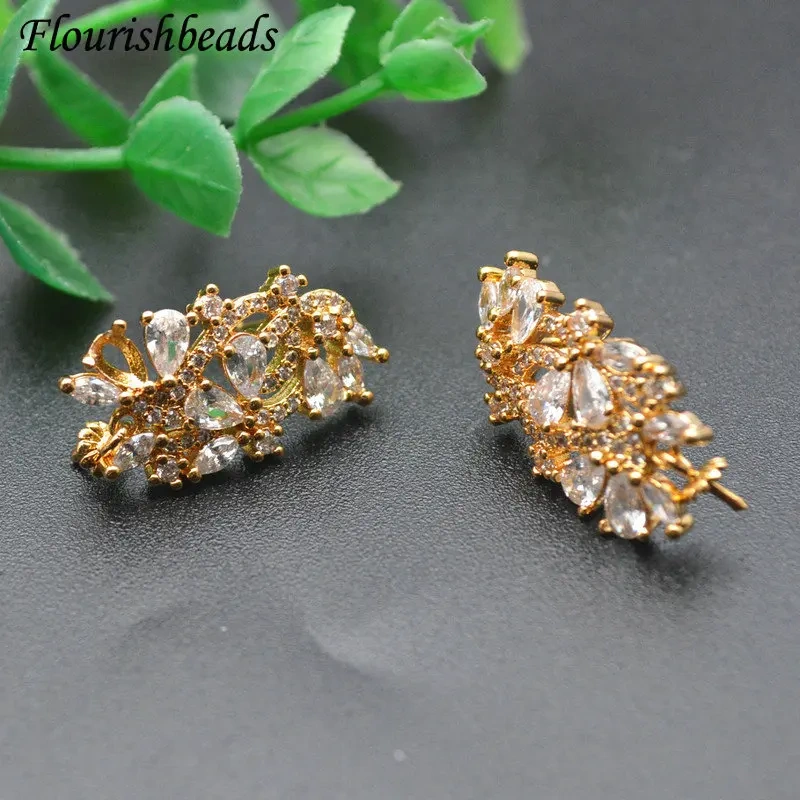 Wholesale  20pc Big Drop CZ Paved Flower Shape Stud Earring Findings Fit Half Hole Beads Dangle Earrings Making