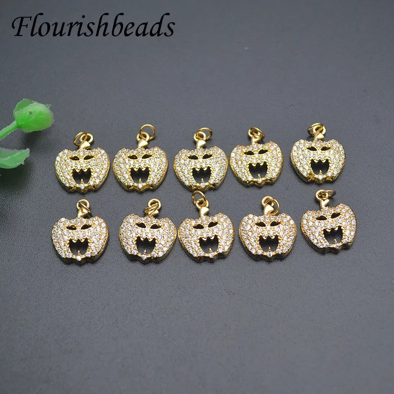 Real Gold Plated Paved CZ Beads Halloween Pumpkin Charms Creative Jewelry Findings for DIY Bracelet Earrings 20pcs/lot