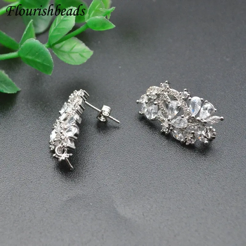 Wholesale  20pc Big Drop CZ Paved Flower Shape Stud Earring Findings Fit Half Hole Beads Dangle Earrings Making