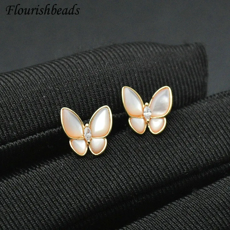 New Design Natural Shell Butterfly Shape Metal Ear Stud Brass Jewelry Findings Gold Color Earrings Craft Making Components 20pcs