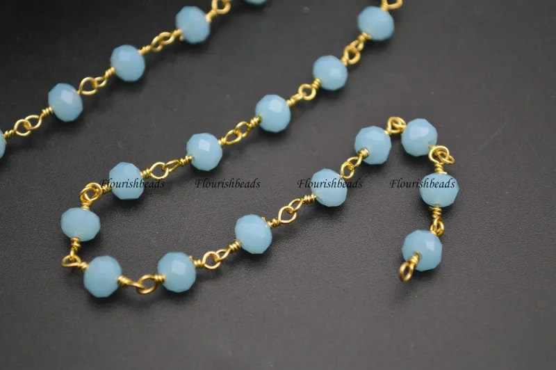 10 Meters Anti-Rust Gold Color Wire Linked 2X4mm / 4x6mm Faceted Opacity Light Blue Color Glass Rondelle Beads Chains