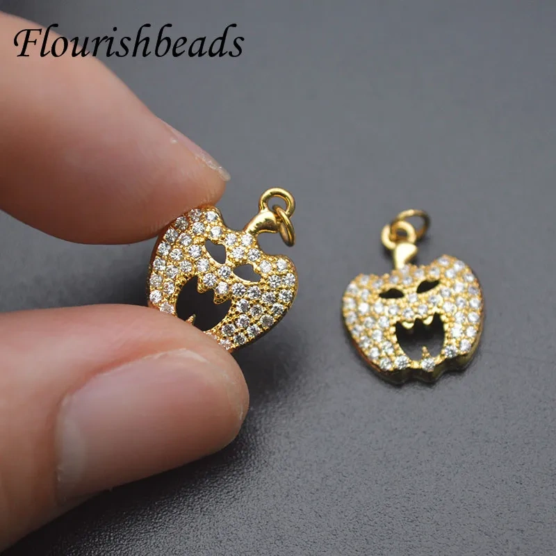 Real Gold Plated Paved CZ Beads Halloween Pumpkin Charms Creative Jewelry Findings for DIY Bracelet Earrings 20pcs/lot