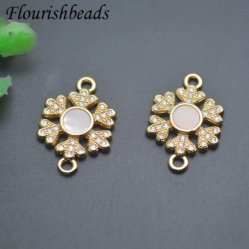 15x20mm Real Gold Plated Mother of Pearl Paved CZ Beads Two Loops Connector Clasp Accessories for DIY Jewelry Necklace