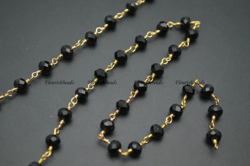 10 Meters Anti-Rust Gold Color Wire Linked 2X4mm / 4x6mm Faceted Black Glass Rondelle Beads Chains Fit Fashion Jewelry Necklace