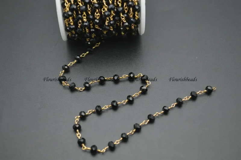 10 Meters Anti-Rust Gold Color Wire Linked 2X4mm / 4x6mm Faceted Black Glass Rondelle Beads Chains Fit Fashion Jewelry Necklace