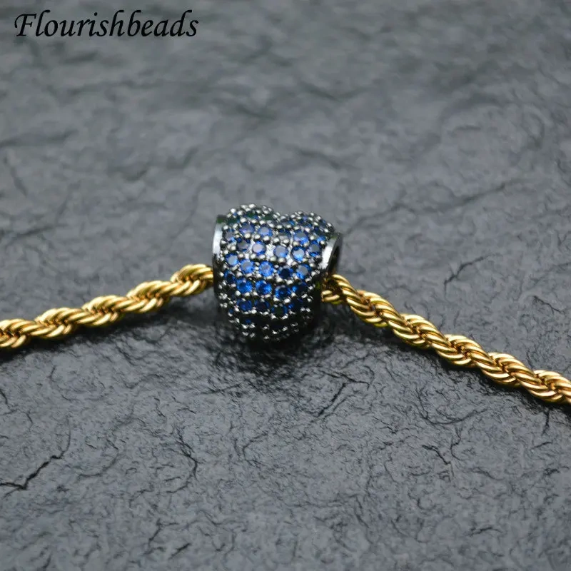 10x10mm High Quality Paved Colorful CZ Zircon 4mm Bigh Hole Cute Heart Shape Metal Beads DIY Fashion Jewelry Findings 5pc/lot