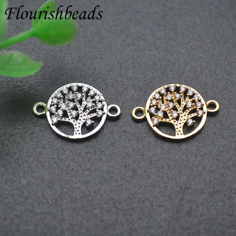 Metal Copper Real Gold Plated Paved CZ Beads Round Tree of Life Connector Handmade DIY Bracelet Jewelry Accessories