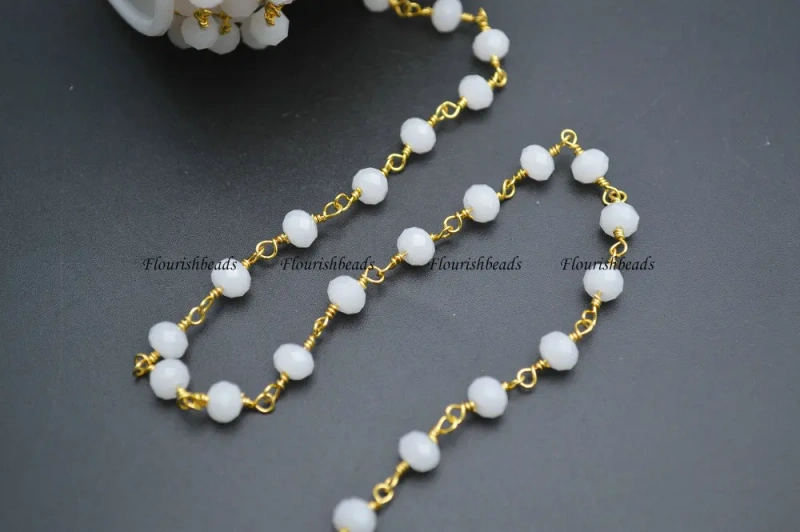 10 Meters Anti-Rust Gold Color Wire Linked 2X4mm / 4x6mm Faceted Opacity White Glass Rondelle Beads Chains