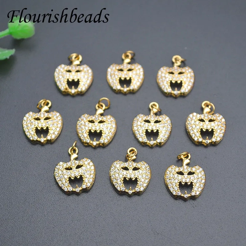 Real Gold Plated Paved CZ Beads Halloween Pumpkin Charms Creative Jewelry Findings for DIY Bracelet Earrings 20pcs/lot