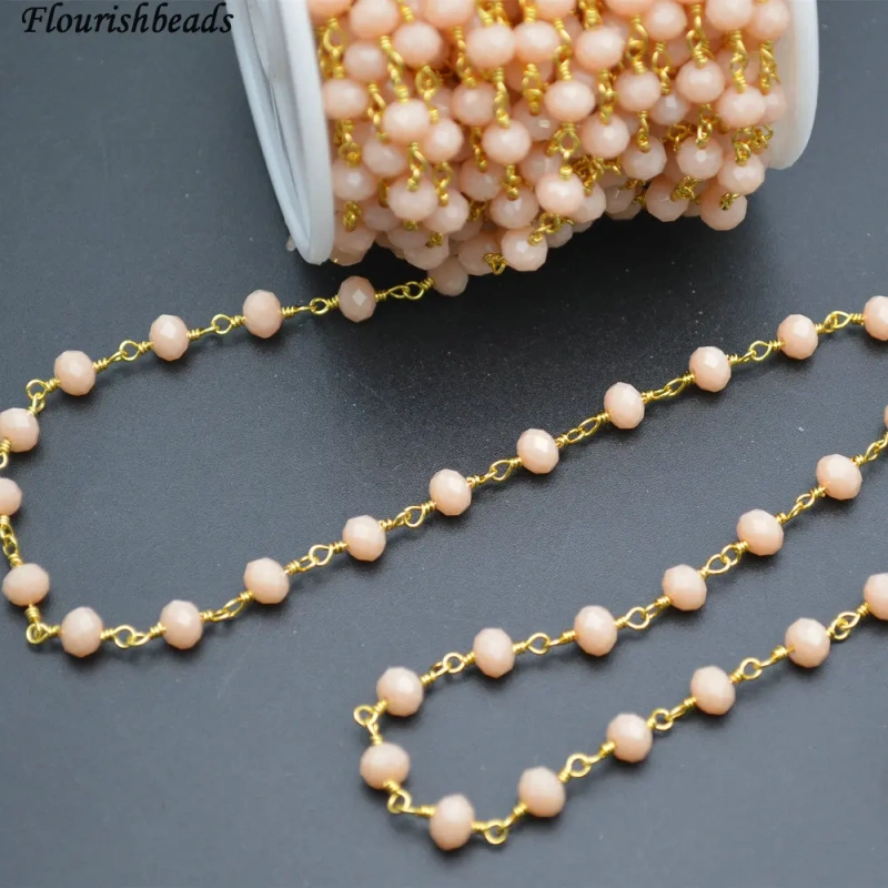 10 Meters Anti-Rust Gold Color Wire Linked 2X4mm / 4x6mm Faceted Beige Color Glass Rondelle Beads Chains