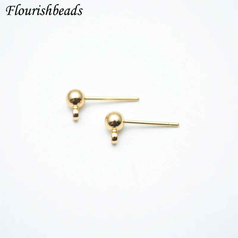 High Quality Real Gold Plated Round Ball Earrings Stud Post with Loop Fit Women DIY Earring Jewelry Making Craft 3mm 4mm 5mm