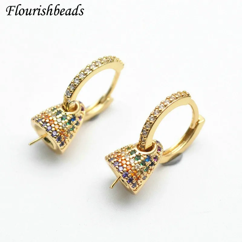 20pc Real Gold Plating Earring Hooks with Pin Drop fit Half Hole Beads Earring Making Rainbow CZ Paved Jewelry Findings