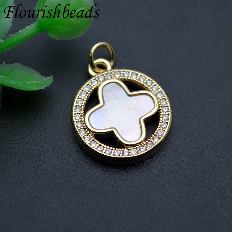 18K Real Gold Plated Paved CZ Beads Flower Shape Pendant Natural MOP Charms for DIY Jewelry Making Necklace 10-20pcs/lot