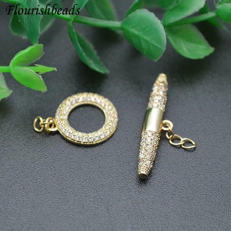 10pc Round Stick Toggle Necklace Bracelet Clasps Real Gold Plated CZ Beads Paved Jewelry Making Supplies