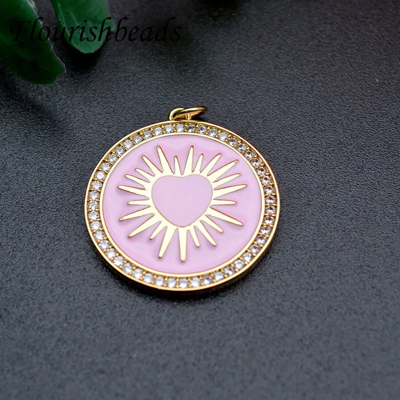 Fashion Oil Dropping Enamel Craft Sun Round Charms Pendant CZ Beads Paved for Necklace Jewelry Making