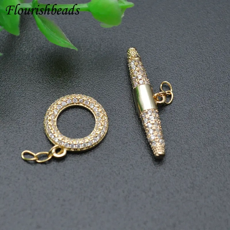 10pc Round Stick Toggle Necklace Bracelet Clasps Real Gold Plated CZ Beads Paved Jewelry Making Supplies
