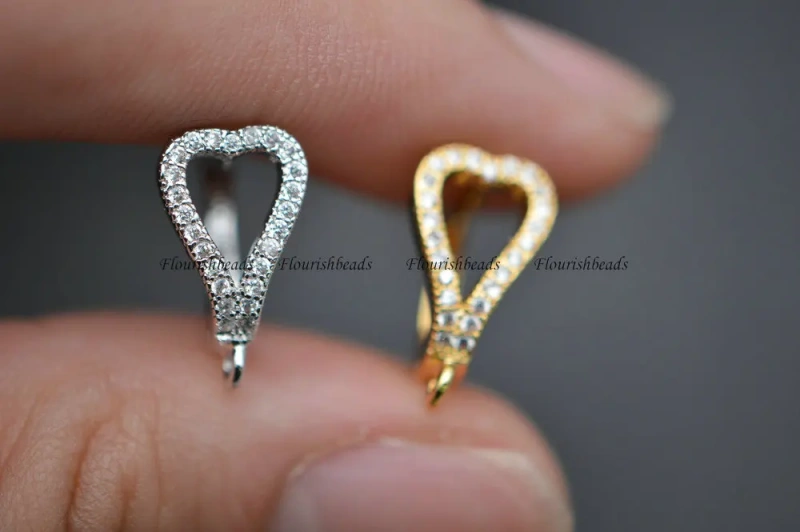 New Design Paved CZ Beads 12mm Metal Copper Hollow Out Heart Shape Earring Hooks Jewelry Clasps Findings 30pc Per Lot
