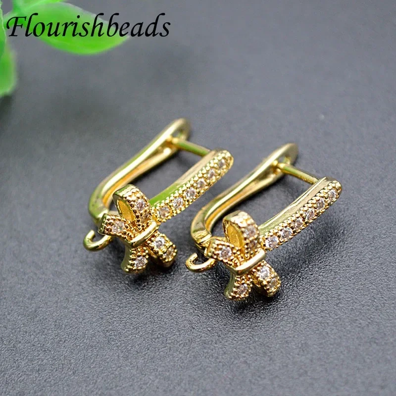 20pc Nickle Free Zircon CZ Beads Paved Gold Plating Earring Hooks Bow Tie Shape DIY for Jewelry Making Supplies