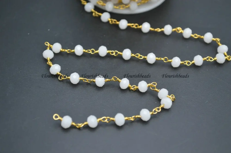 10 Meters Anti-Rust Gold Color Wire Linked 2X4mm / 4x6mm Faceted Opacity White Glass Rondelle Beads Chains