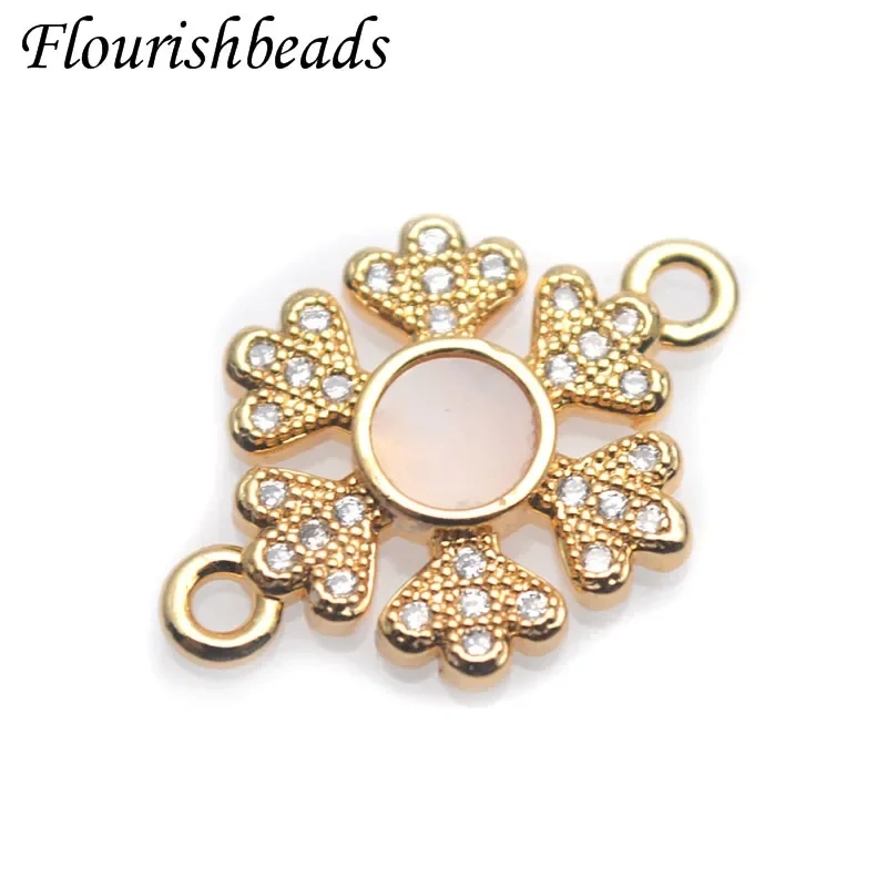 15x20mm Real Gold Plated Mother of Pearl Paved CZ Beads Two Loops Connector Clasp Accessories for DIY Jewelry Necklace