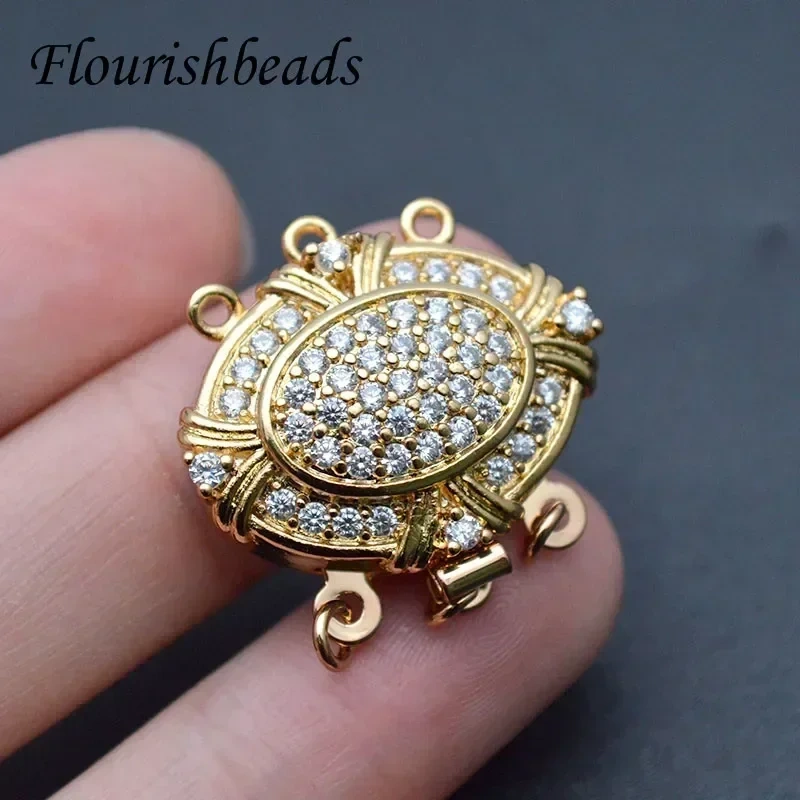 1pc Jewelry Findings Paved Big CZ Beads 18K Gold Color Brass Box Clasps 6 Hole Connector for DIY Pearl Necklace Making