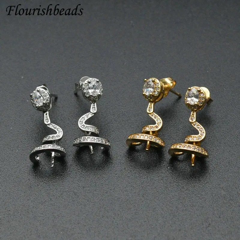 Wholesale Spiral Pin Style Fit Half Hole Beads Gold color Dange Earring Stud Hooks Findings Micro CZ Paved Jewelry Findings