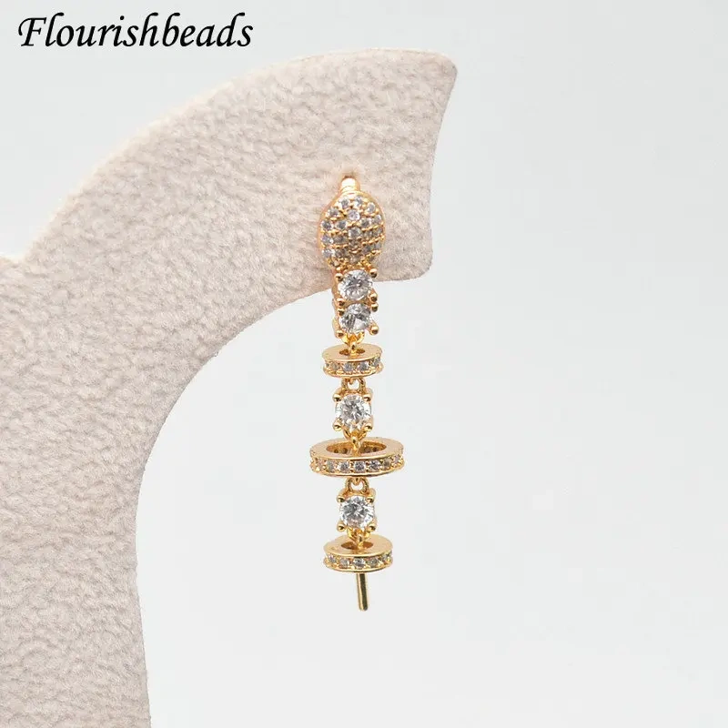 10pairs Real Gold Plating Long Earring Stud Fit Half Hole Beads Micro-pave CZ Beads Long Dangle Earrings Making Accessories