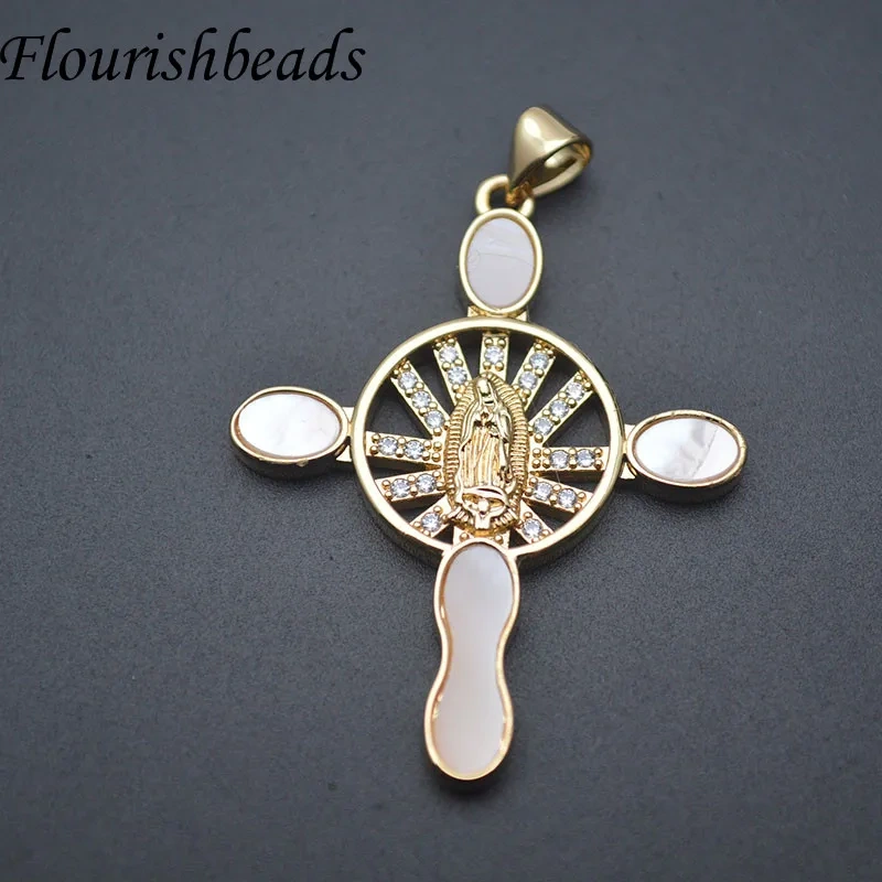 New Religious Cross Shape Virgin Mary Pendant Paved CZ Beads Gold Color Charms for DIY Jewelry Making Necklace 10pcs/lot
