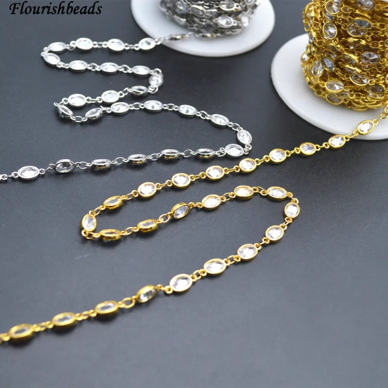 10 Meters 5x6mm Flat Oval Shape Zircon Beads Anti-rust Metal Frame Wire Linked Necklace Chains Fashion Jewelry