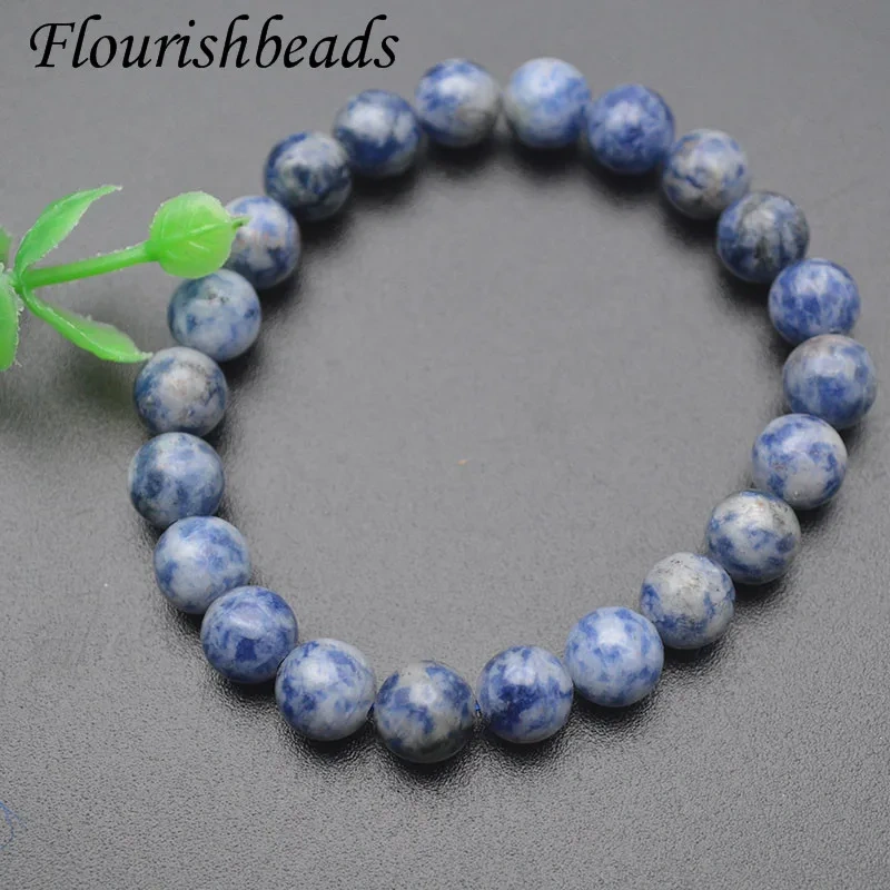 Natural Blue Spot Stone Round Beads Elastic Rope Strand Bracelet High Quality Fine Jewemry Gift for Men