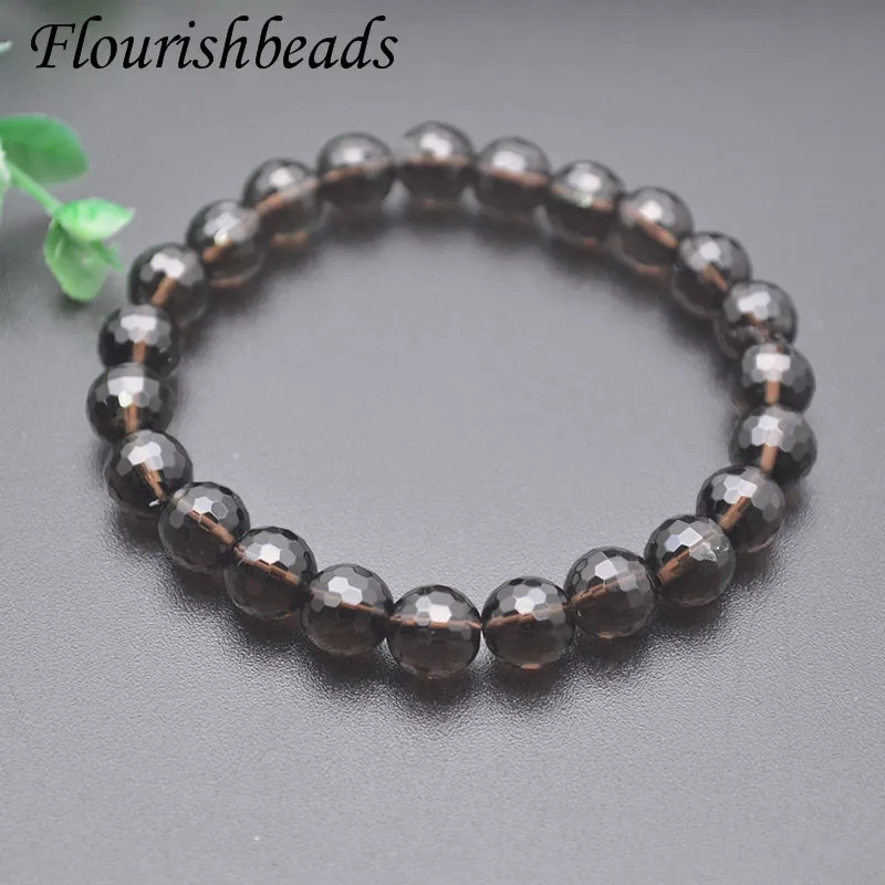 5pcs/lot 8mm Facetd Natural Smoky Quartz  Stone Round Beads Elastic Line Bracelets Fashion Woman Jewelry