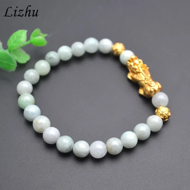 Natural Burmese Jade 18k Gold Color Pixiu Charms Bracelet Feng Shui Chinese Luck Jewelry 8mm Beads