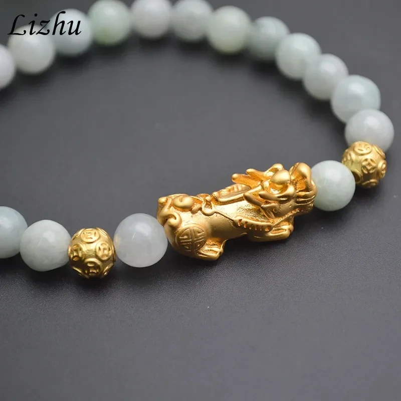 Natural Burmese Jade 18k Gold Color Pixiu Charms Bracelet Feng Shui Chinese Luck Jewelry 8mm Beads